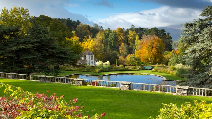 View of the Lily Terrace and pool from the house at Bodnant Garden, Conwy